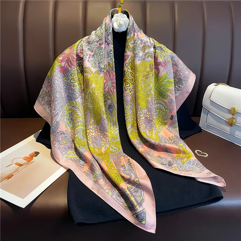 2024 Luxury Brand Flower Printed Silk Scarf For Women Large Square Scarves Twill Travel Sun Protection Warm Neck Shawl 90cm