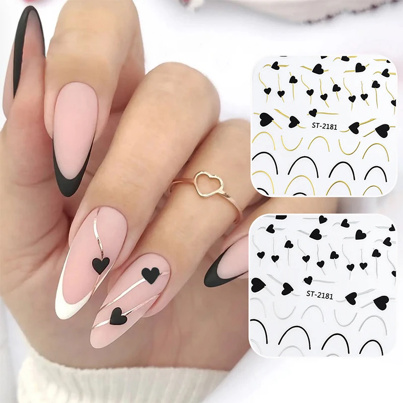 3D French Love Heart Nail Stickers Irregular Sweetheart Stripe Lines Valentines Design DIY Gel Polish Sliders Nail Art Decor