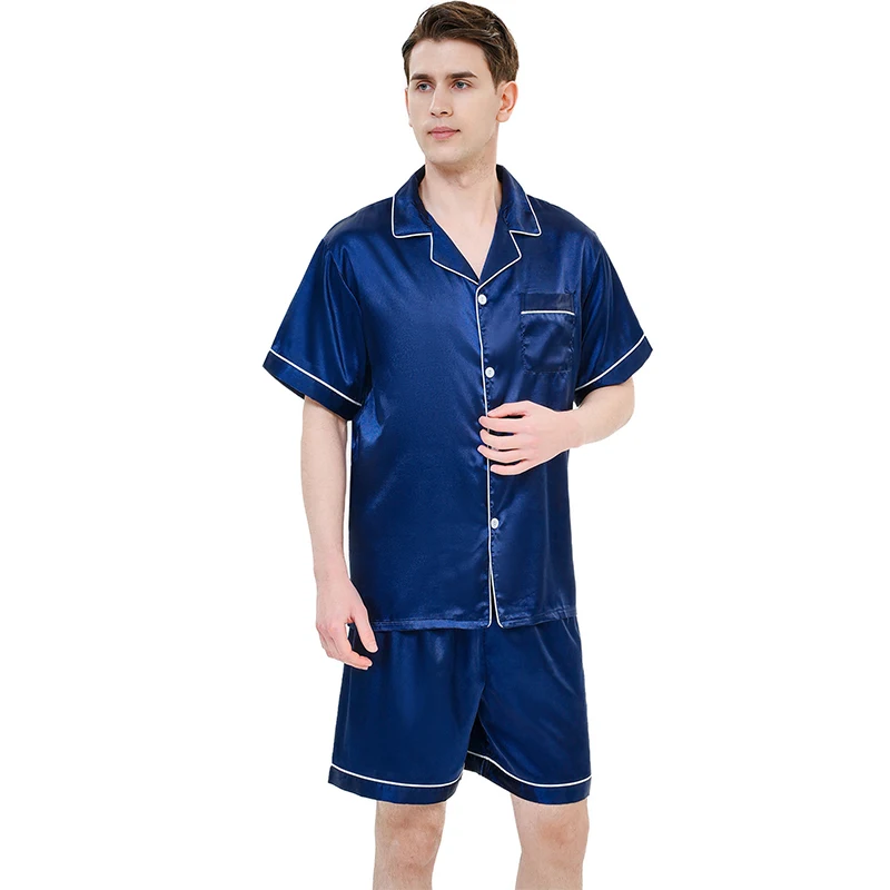 Multiple colors available for ice silk pajamas men\'s short sleeved shorts, thin summer solid color sleepwear home suit