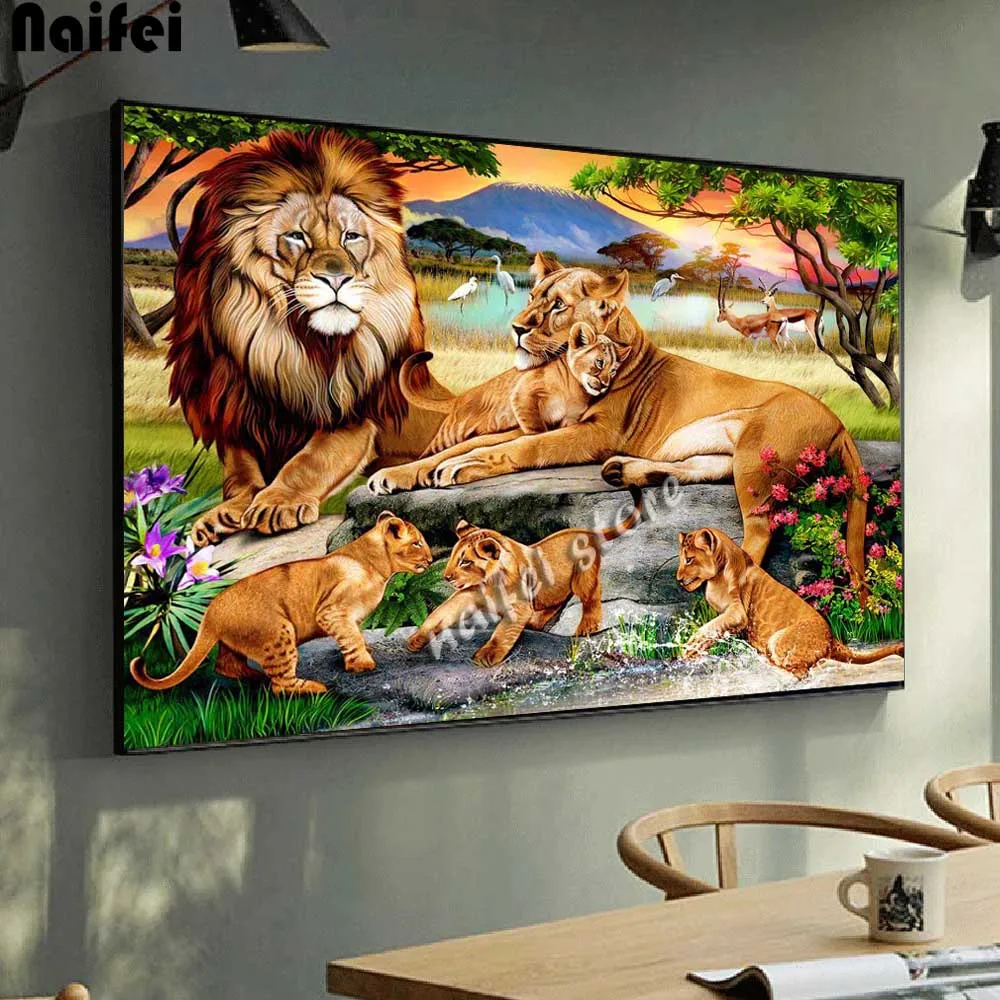 Diamond Painting Kit Lion's Family In The Grassland Diamond Art Full Drill Mosaic Animals Embroidery Cross Stitch Decorations