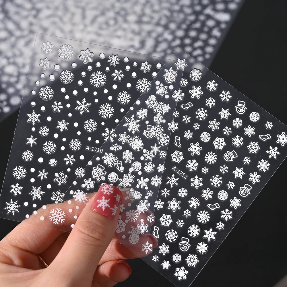 1Pc White Snowflakes Nail Sticker 3D Christmas Elk Snowman Adhesive Sliders Winter Snowflake Decals Xmas Manicure Decoration