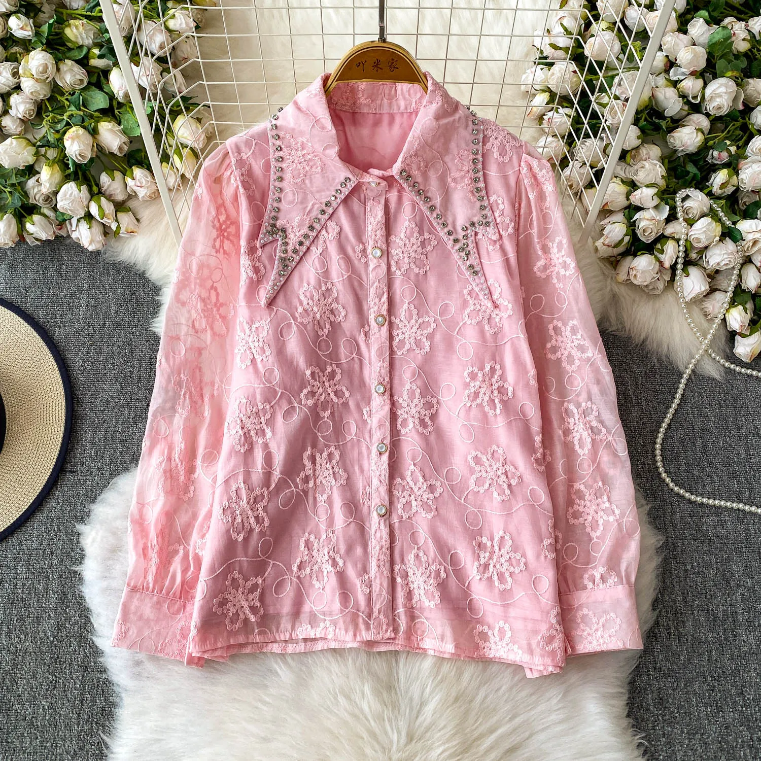 

SuperAen Embroidered Flares Turn-down Collar Long-sleeved Shirts for Women Chiffon Summer 2025 New Elegant Shirts