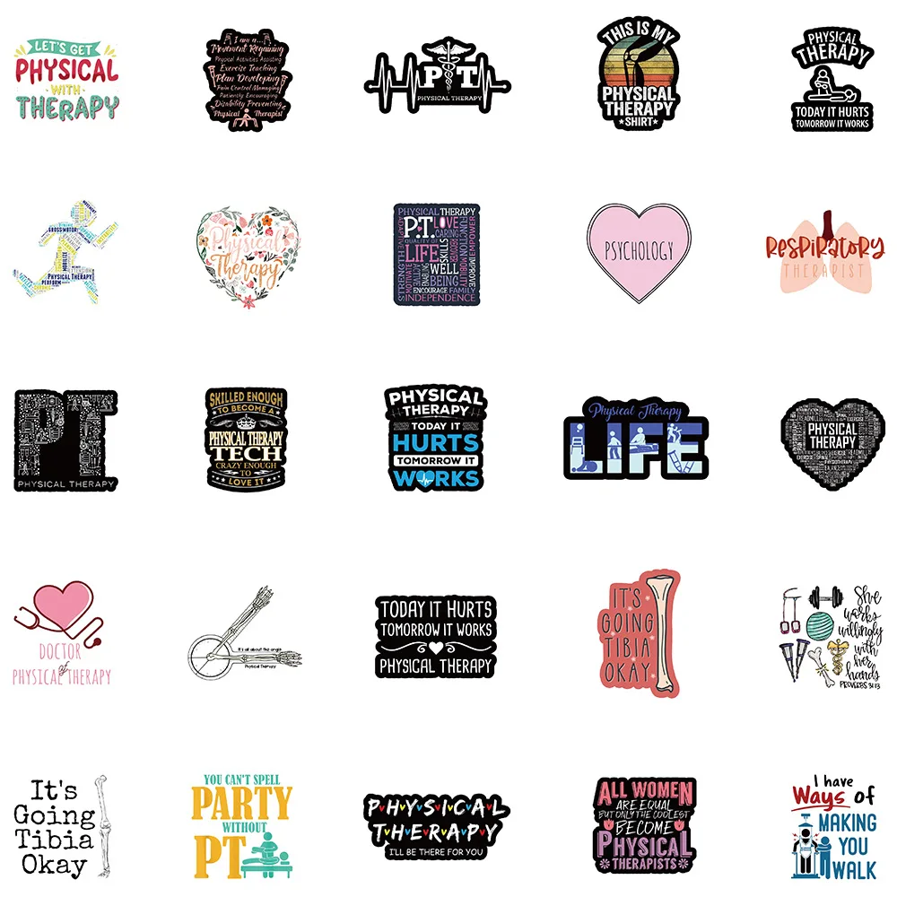 50pcs English Physiotherapy Stickers Pack Ipad Guitar Laptop Phone DIY Sticker Journal Accessories Vintage Scrapbooking Supplies