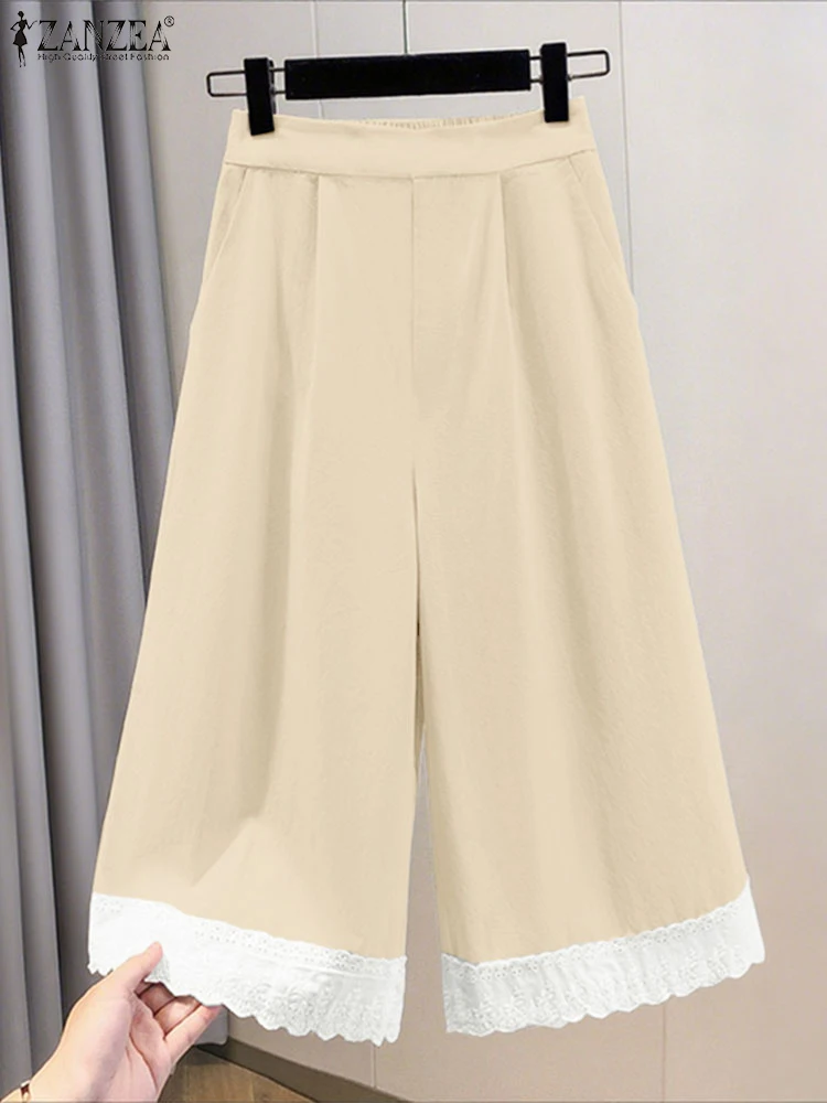 

ZANZEA Women's Long Pants Elegant Chic Lace Patchwork Trousers Autumn Casual Elastic Waist Contrast-Color Wide-Leg Palazzo Pant