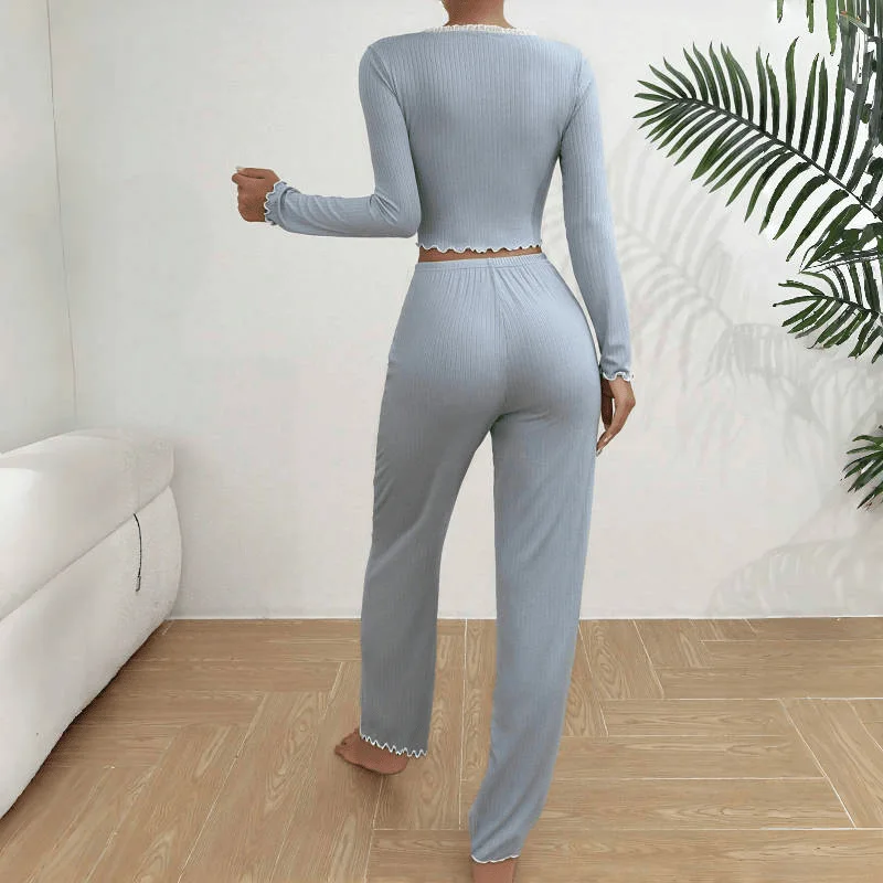 Pajamas Suit Women 2 Piece Sets Sleepwear Trousers Ensemble Top Pants Single Breasted Bow Autumn Nightwear Outfits Loungewear 4
