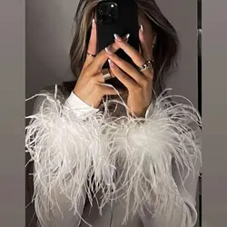 2pcs Real White Women Cuffs With Ostrich Feather Snap on Bracelet feathers Wrist Sleeve Decoration Plume Cuff blazer Elegant