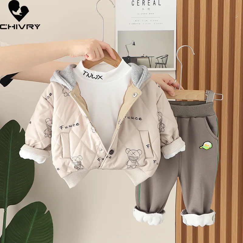 

New 2023 Kids Baby Winter Fashion Cartoon Bear Hooded Thicken Coat Jackets with Pants Boys Casual Three-piece Clothing Sets