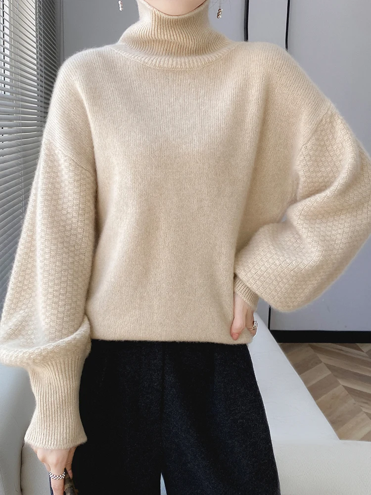 

100% Australia Merino Wool Autumn Winter Women Sweater Lantern Sleeve Turtleneck Pullover Soft Warm Casual Knitwear Female Top