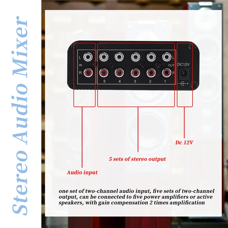 Picture 4: A41Z-Stereo Audio Mixer 1 Input 5 Output Multi-Channel Audio Source Distributor RCA Interface For Power Amplifiers