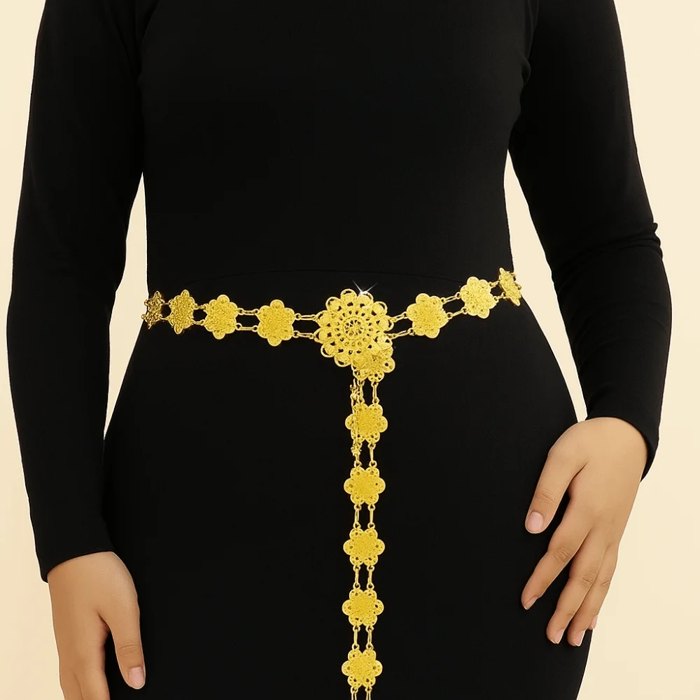 

Traditional Metal Thai Belly Waist Chains Jewelry Bell Hollow Out Flower Necklace Tassel Gold Dance Dress Belt Chains Women