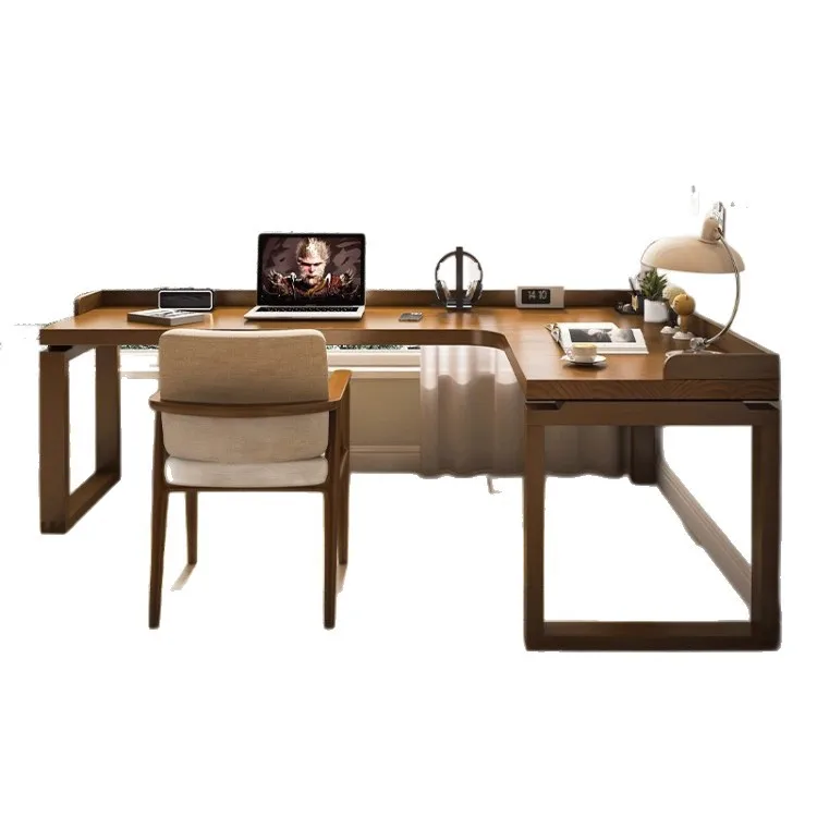 Solid wood corner desk bookshelf integrated against the wall L-shaped 7-shaped table Student home bedroom Bedside desk