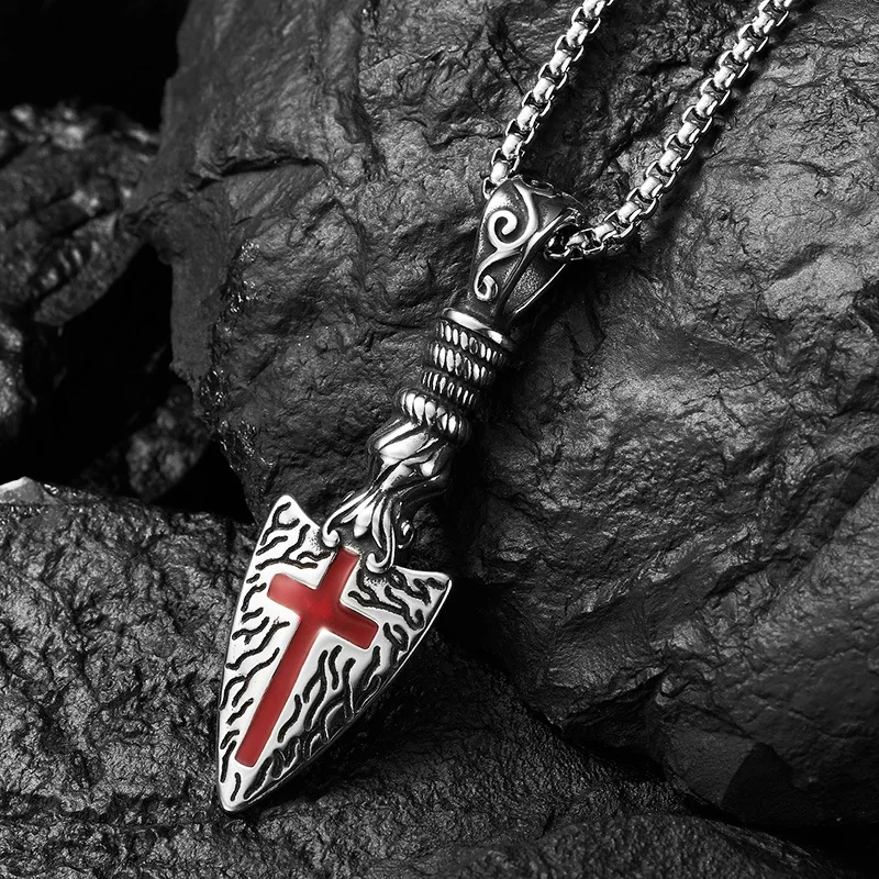 316L Stainless Steel Cross Necklace for Men Jewelry Fashion Personality Retro Spearhead Arrow Pendant Necklace Gift Accessories