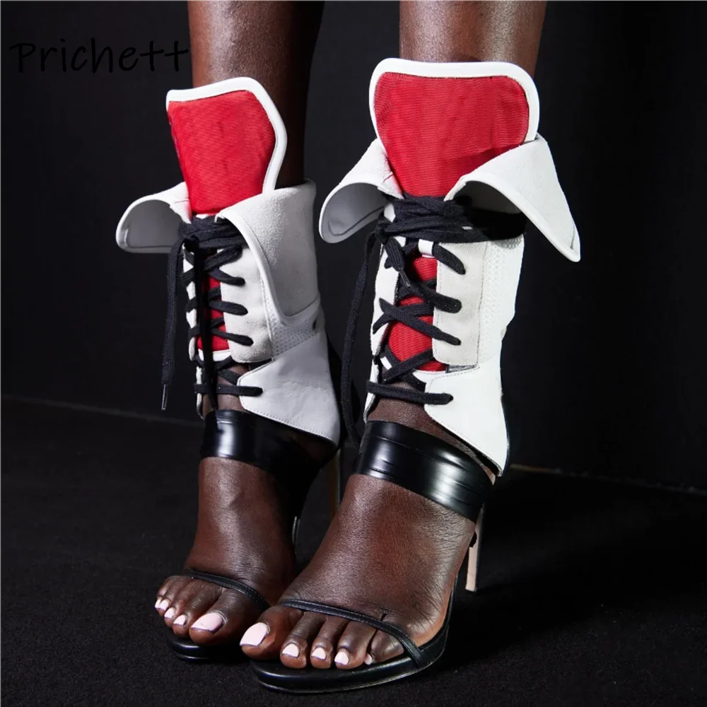 

Patchwork Sandals Straight Strap Cross Tied Lace Up Round Toe Thin Heels Shoes Women's Summer Fashion Runway Sexy Stiletto Shoes