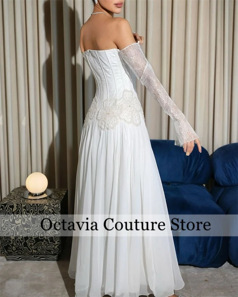 Sukienka wieczorowa szyta na miarę, delikatna, biała, szyfonowa, dekolt łódka, odkryte ramiona, długie rękawy, suknie celebrytek, Vestido De Fesفستان وردي