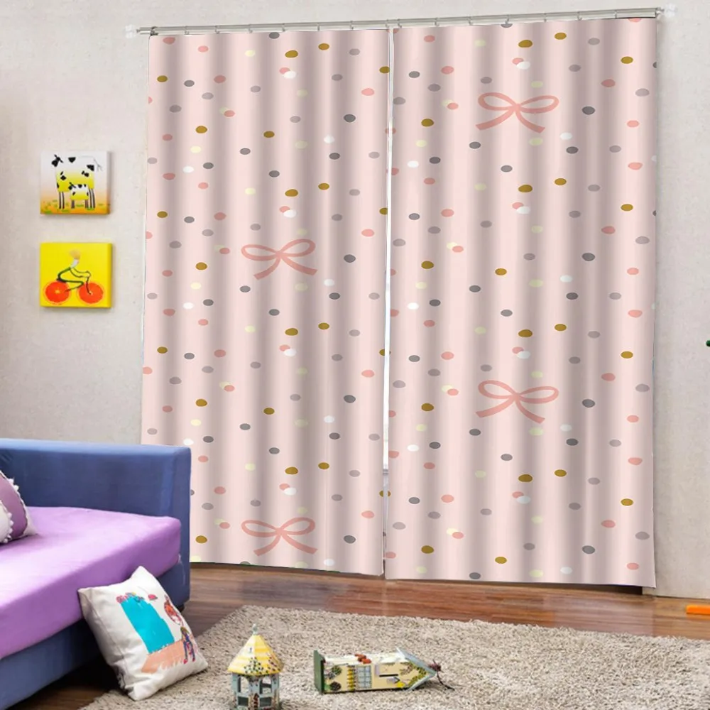 Sweet Pink Polka Dot Bow 3D Blackout Curtains Bedroom Living Room Kitchen Computer Room Home Decoration for Girls Kids Gifts