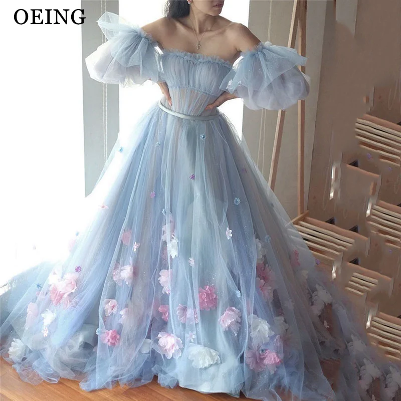 OEING Fairy Flowers Tulle A Line Evening Dresses Photo Shoot Off The Shoulder Floor Length Garden Wedding Party Gowns Prom Dress