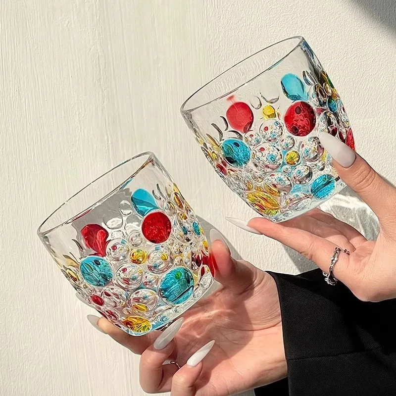 Creative Luxurious Whiskey Glasses Cups,Painted Glass Cups With Bead Dots,Juice Milk Cocktail Glass Cups,Homebar Kitchen Tools