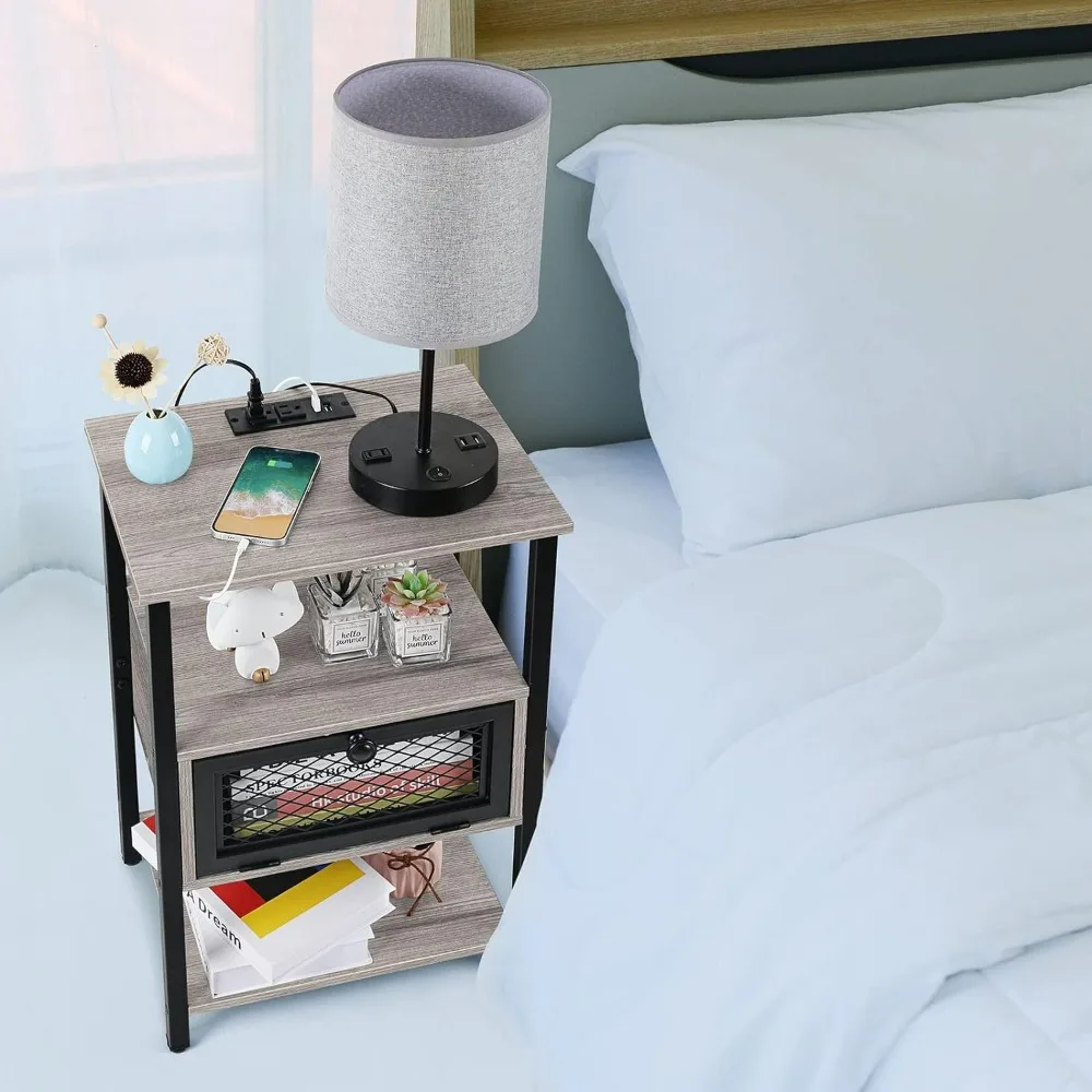 Nightstand with Charging Station End Table with Drawer Sofa Side Table with USB Ports and Outlets Narrow Bedside Table,Grey