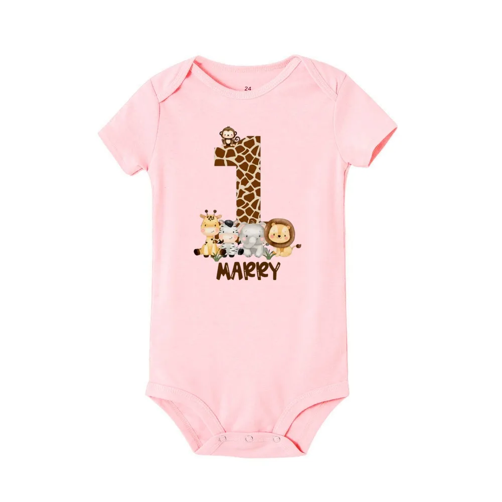 Personalize Animal&1st Birthday Print Infant Romper Custom Name Short Sleeve Infant Baby Bodysuit Casual Birthday Babys Clothes