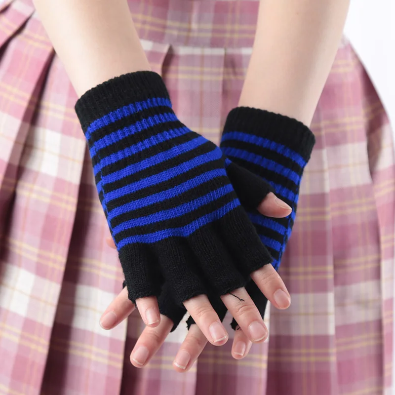 1 Paar Zwarte Streep Half Vinger Vingerloze Handschoenen voor Vrouwen en Mannen Gebreide Pols Katoen Winter Warm Outdoor Gothic Lolita wanten