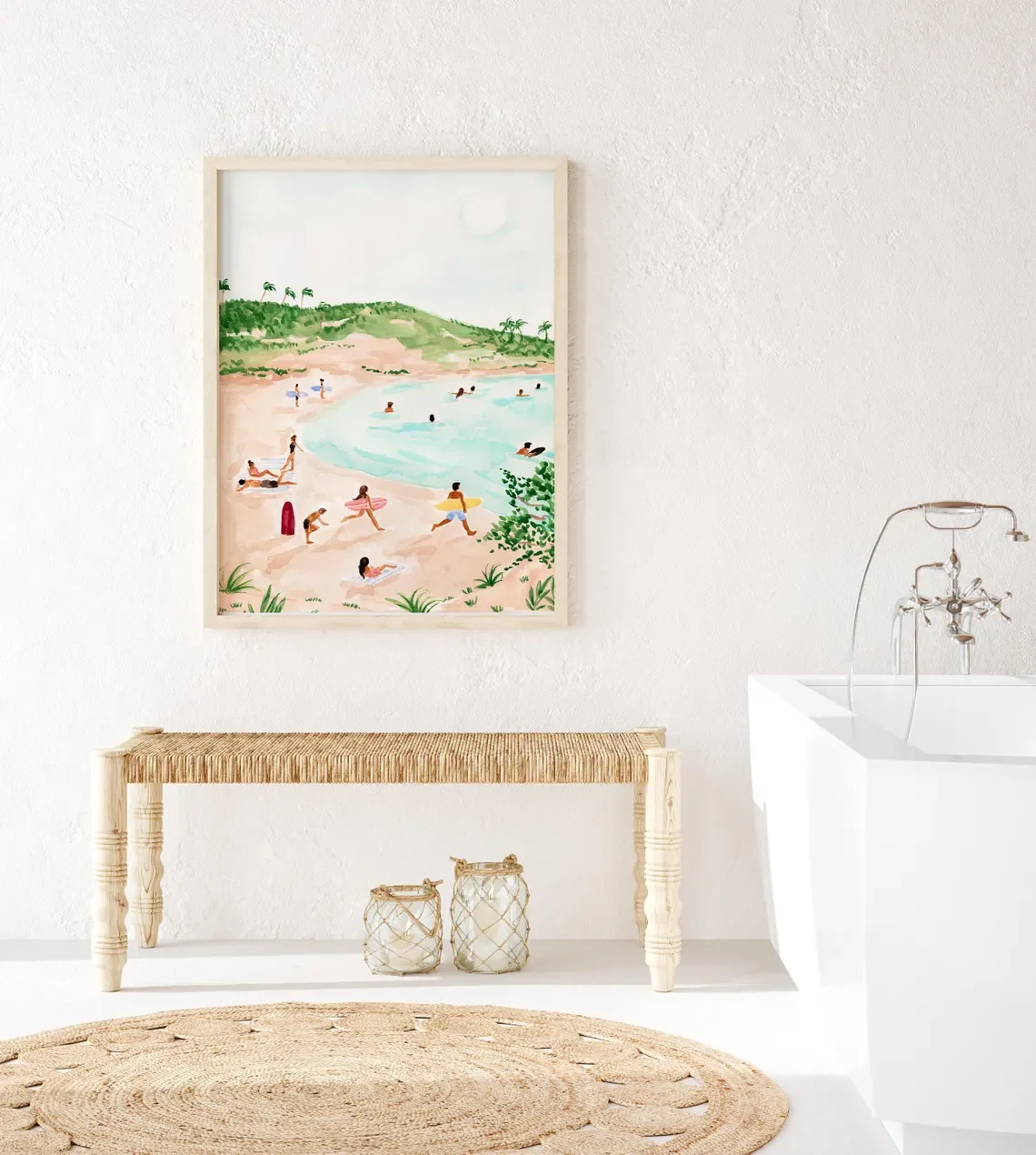 Impresión Decorativa para Pared con Escena de Playa Tropical - Ilustración de Acuarela Caprichosa de un Día de Playa Animado, con Bañistas, Surfistas y Nadadores
