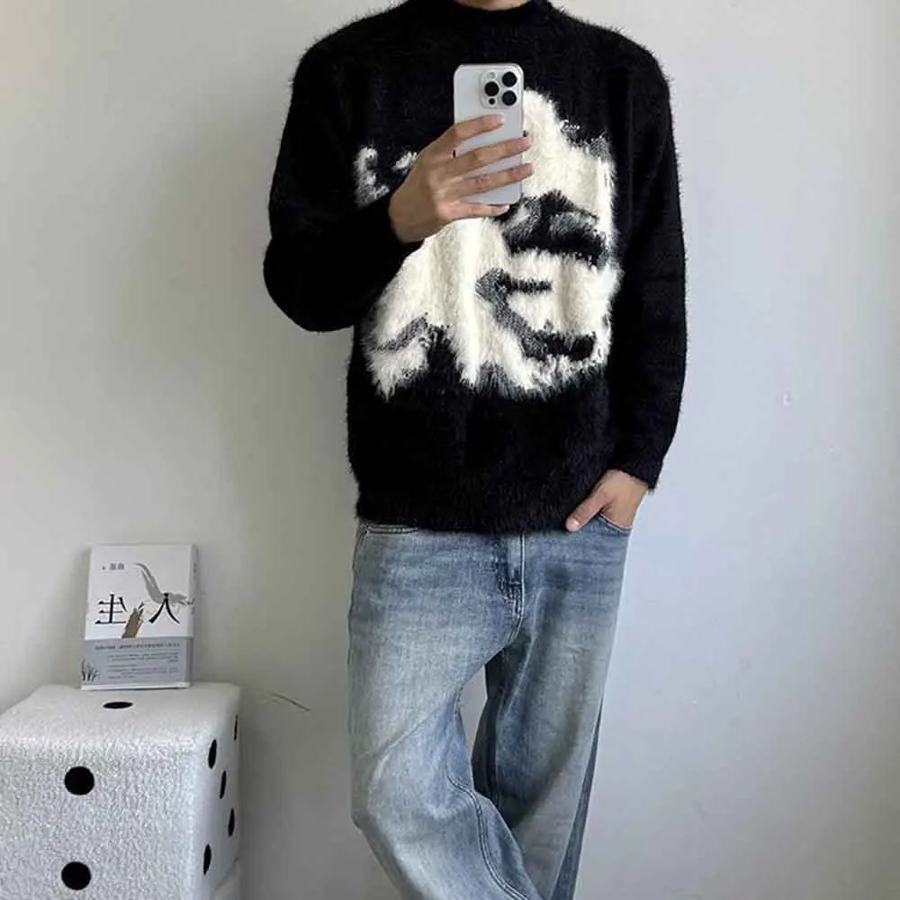 New Autumn Men's Contrast Color Long-Sleeved Sweater American Retro Fashion Trend High Street Loose Casual Niche Men's Tops