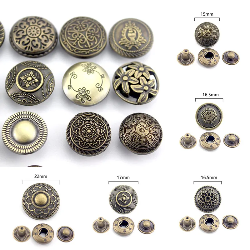 10Sets Vintage Press Studs Metal Copper Buttons For Garment Overcoat Leather Craft Snap Button Fasteners DIY Sewing Accessories