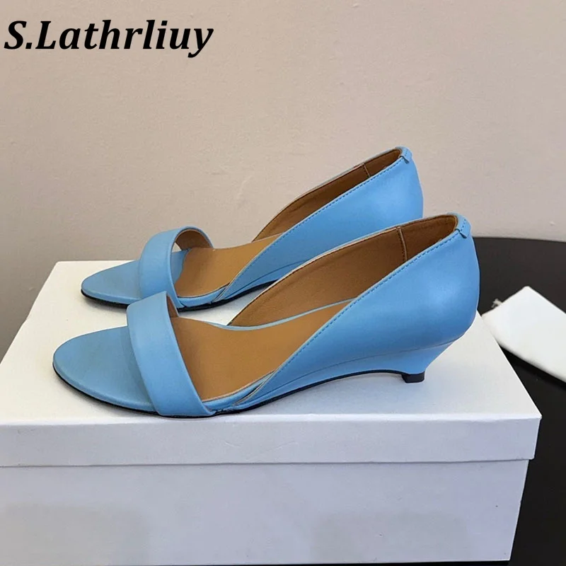 Fashion leather narrow band design wedge sandals women's shallow mouth solid color sandals summer commuting high heels 2026