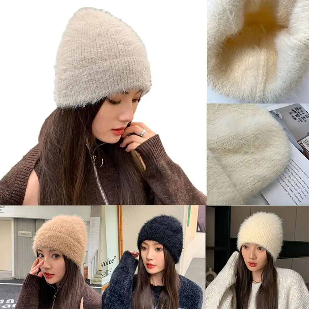 Knitted Plus Rabbit Wool Cap High Quality Solid Color Windproof Knitted Hat Party Gift Thick Warm Hat Outdoor Warm Hat