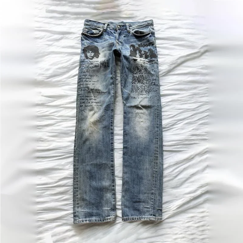 HKSH Spring Autumn New Men Tide Chic Ins Dark Punk Vintage Jeans Fashion Rivet Rock Printed Light Luxury Denim Pants Y2K HK28130