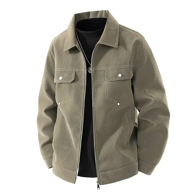 

LIBIELIY 2025 New American Casual Collar Men's Jacket Retro Workwear Fake Leather Coat Versatile Summer Thin Outerwear Male Top