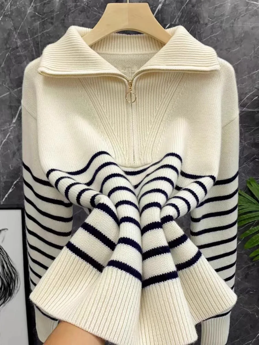 Autumn/Winter new classic striped zipper turtleneck + lapel 100% cashmere knit sweater women\'s bottom sweater