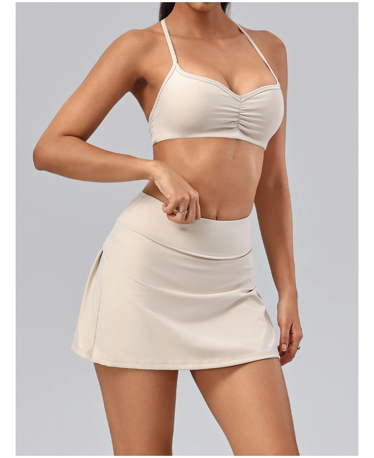 Hearuisavy Damen 2-teiliges Fitness-Set: Hochtaillierte Yoga-Caprihose mit weitem Bein, Push-Up-Sport-BH, schnelltrocknender Tennisrock für das Fitnessstudio. – Detail 20