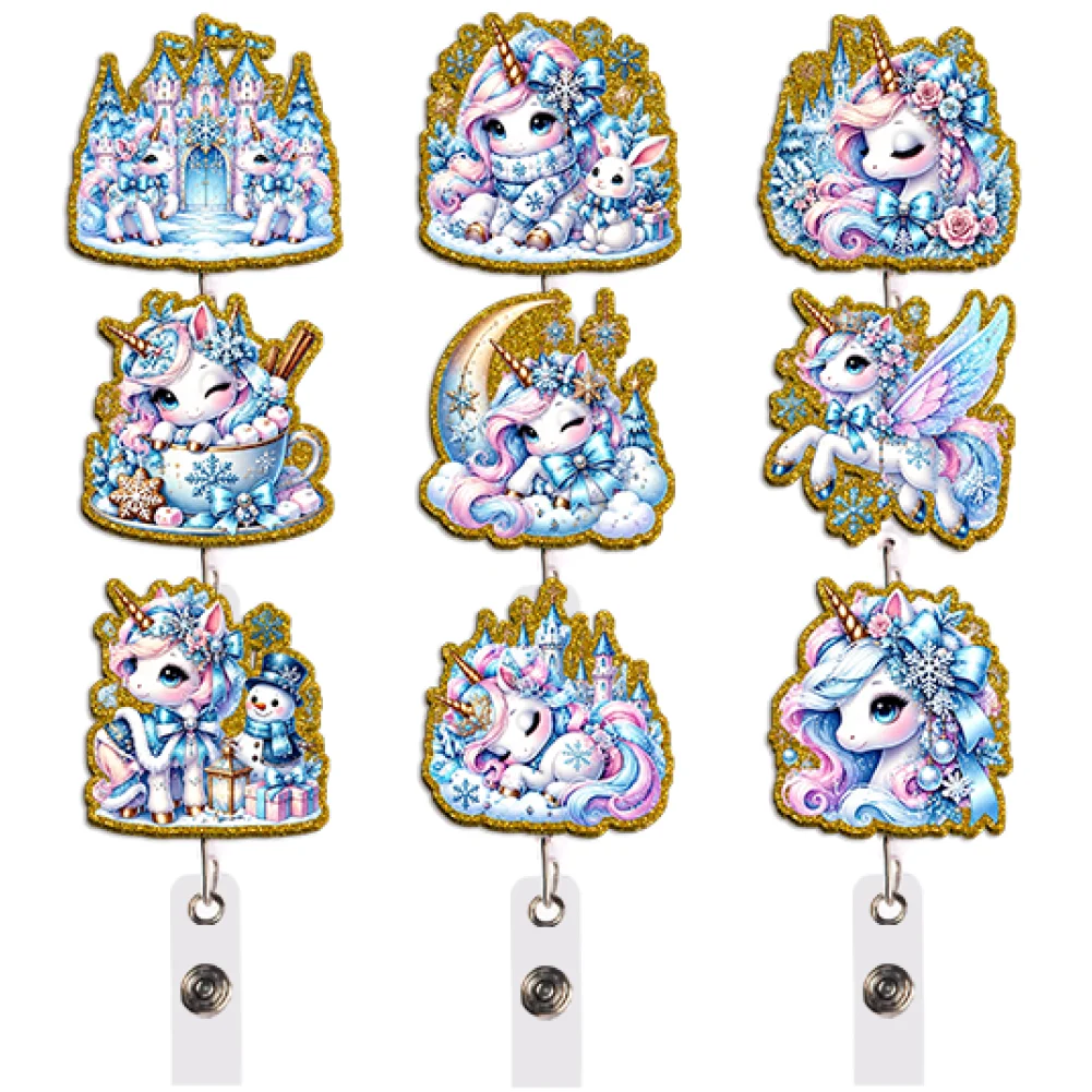 Kawaii Ice Unicorn Badge Reel Collection 9 Styles with Clip for Student School Office Daily Commute