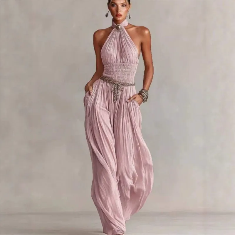 

Elegant Solid Women's Jumpsuit Summer Sexy Backless Hanging Neck Design Loose Jumpsuits Ladies Fashion Office Romper With Pocket
