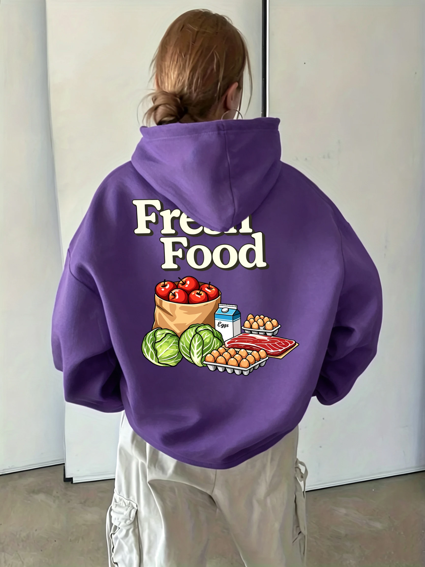 Fresh Food Meat Egg Milk Pattern Women'S Hoody Y2K Pocket Autumn Hoodies Casual Hoodie Unisex Fleece Loose Female Pullovers