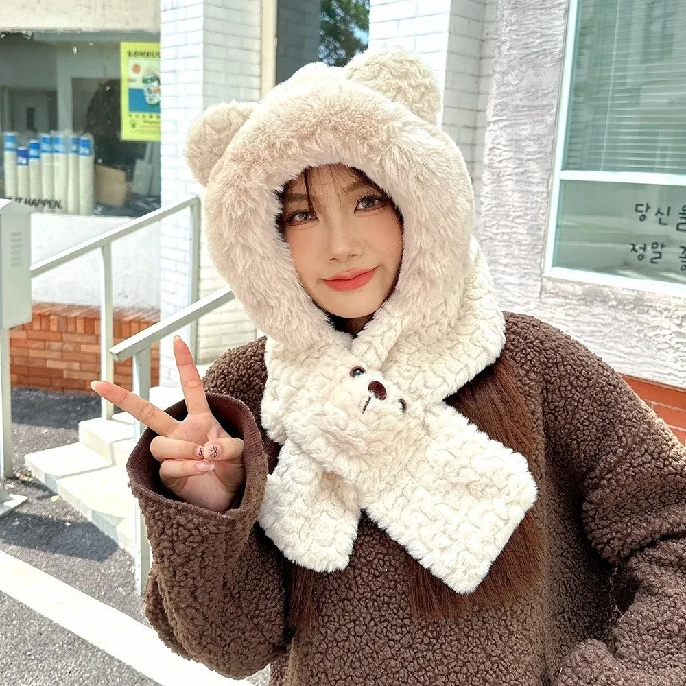 

Cute Cartoon Bear Ear Hat Solid Color Earmuff 2 in 1 Scarf Thickened Warm Winter Neckerchief Streetwear