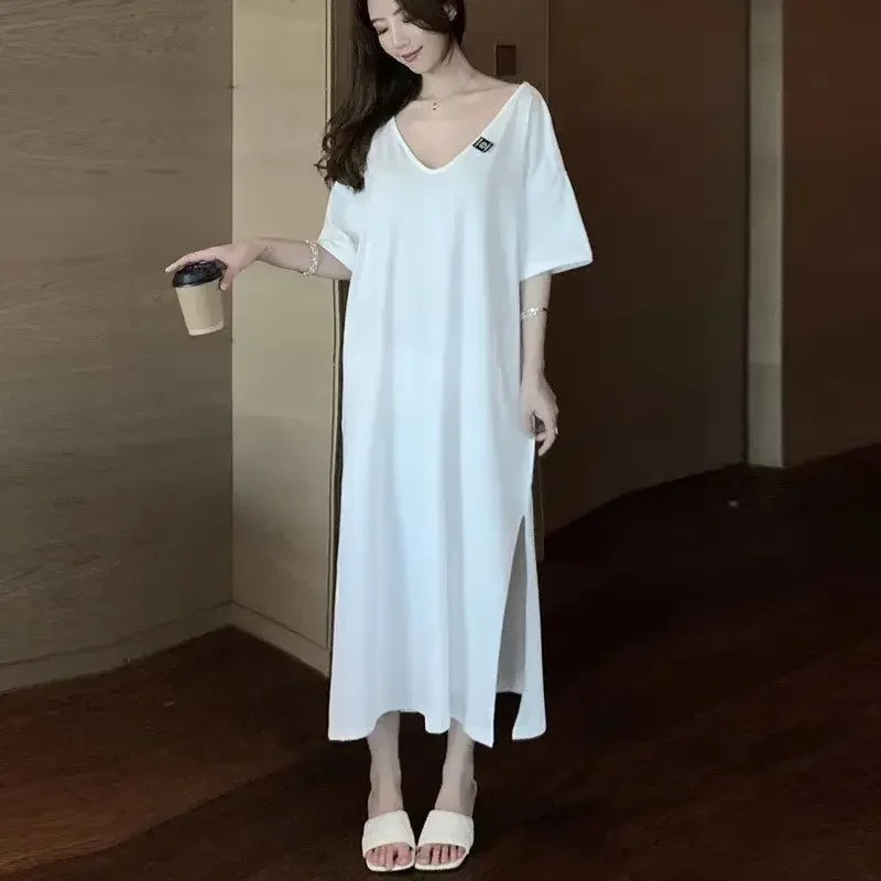 

Lazy Style Solid Loose T Shirt Dress Summer Short Sleeve Split Hem Hollow Out Simplicity Dresses Casual Women Clothing CY374