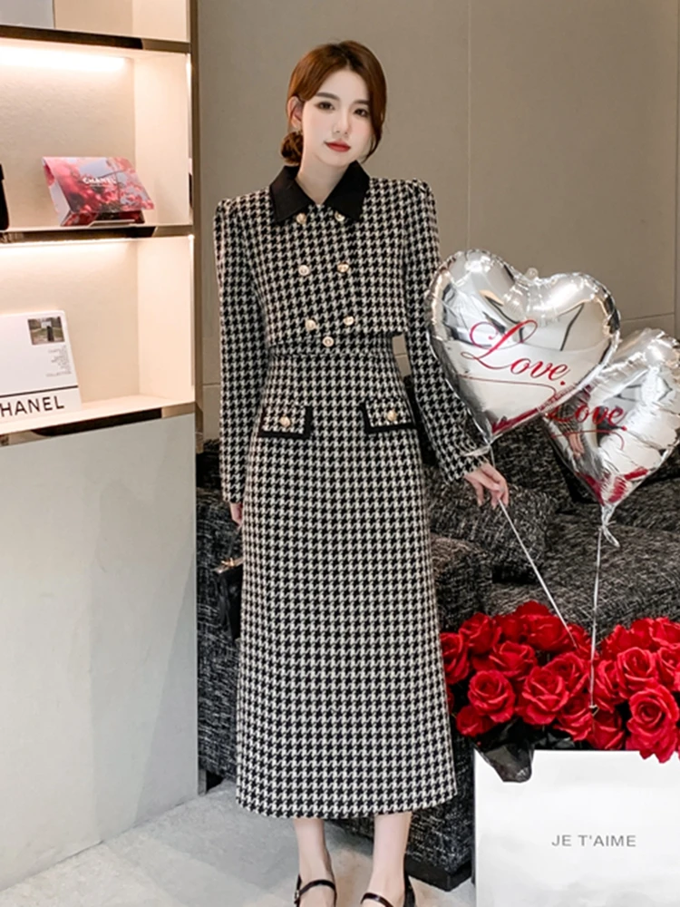 High Quality Vintage Small Fragrance Two Piece Set Women Short Jacket Coat + Sling Sexy Long Dress Suits Elegant 2 Piece Sets