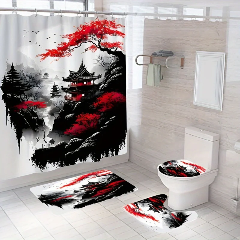 4pcs Retro Forest Ink Painting Shower Curtain Set, Bathroom Rug, U-Shape Mat, Toilet Lid Pad, Water-resistant Curtain Including