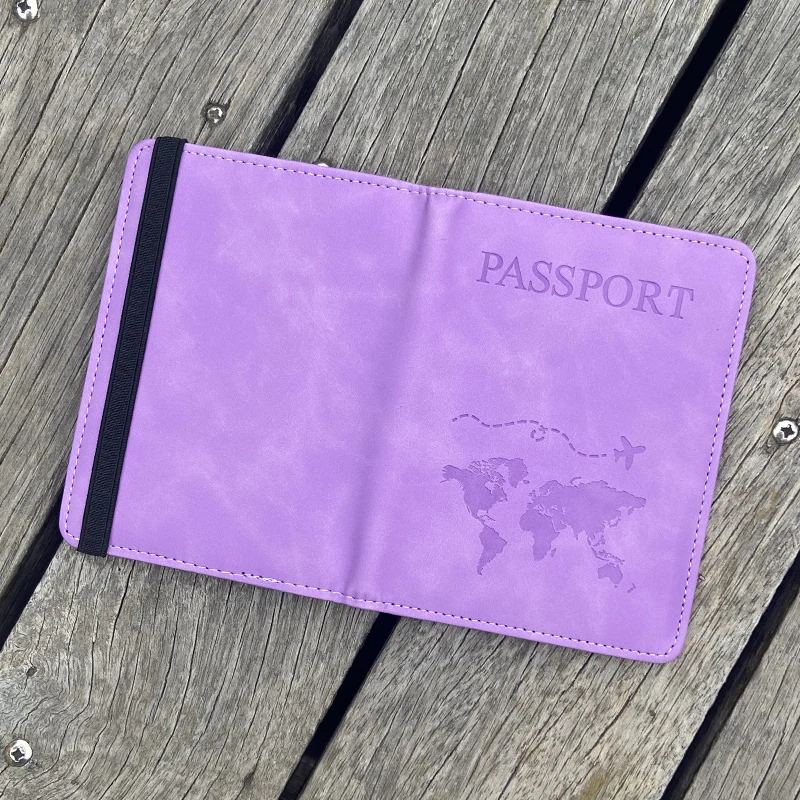 Funda de pasaporte con grabado láser, soporte de pasaporte con mapa del mundo personalizado, banda elástica para documentos funcionales Rfid,