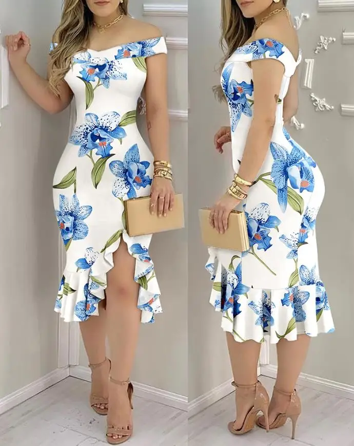 

Women's Dress Floral Print Off Shoulder Bodycon Dress Ruffle Hem Slim Fit Dress Temperament Commuting Casual Dress