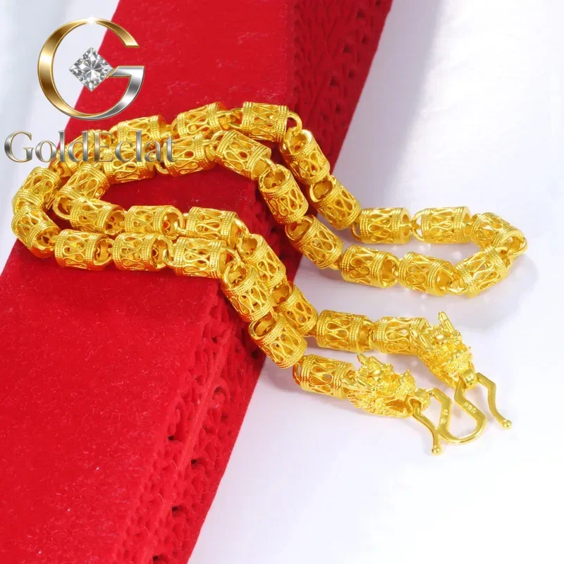 

GoldEclat Men's Domineering 9999 24K Real Gold Thick Gold Necklace Jewelry Men's Double Dragon Head Bucket Bead Necklacegift
