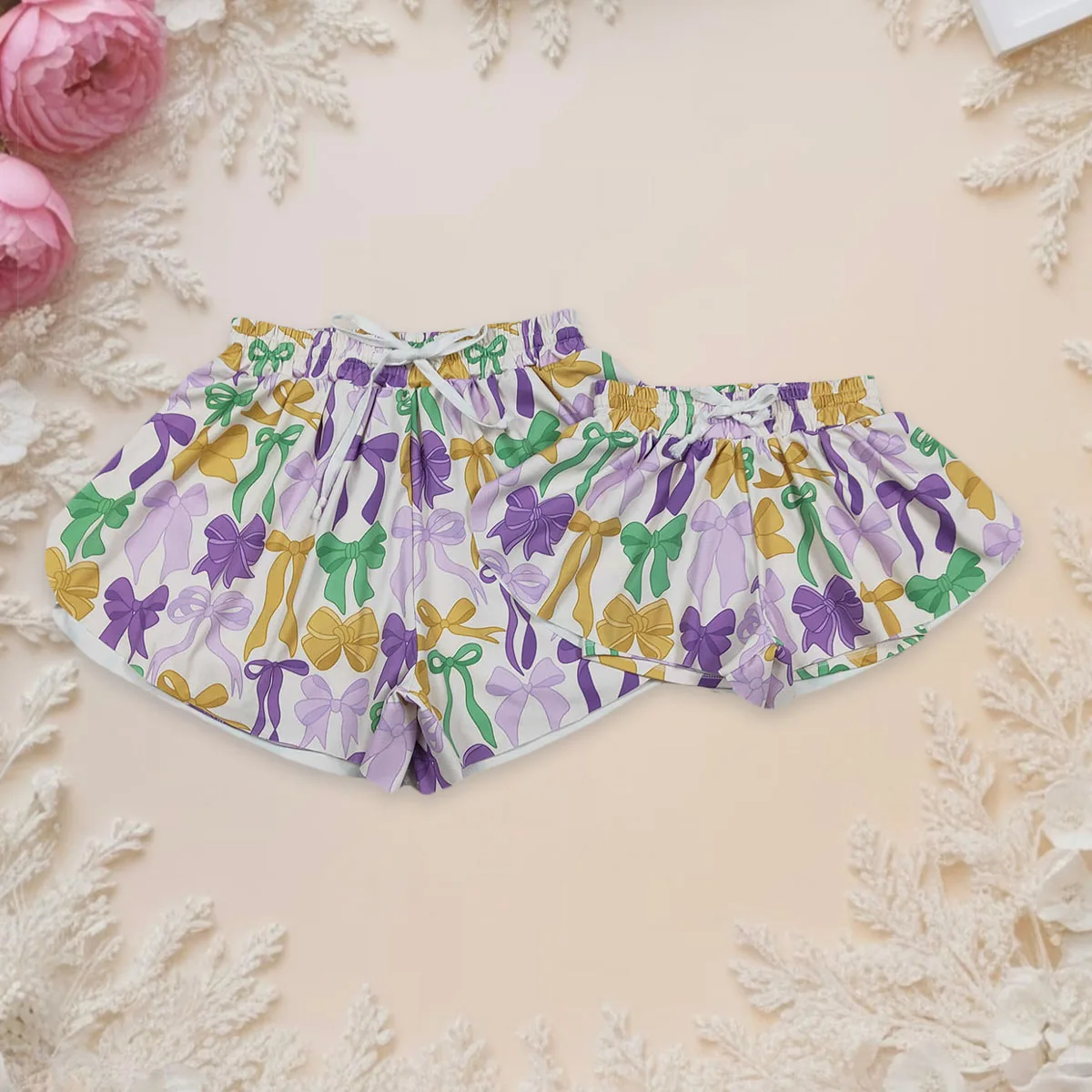 

Kids Adullt Girl Mardi Gras Clothes Purple Bows Yoga Active Wear Ruffle Elastic Shorts Bottom Parent-child Matching Wholesale