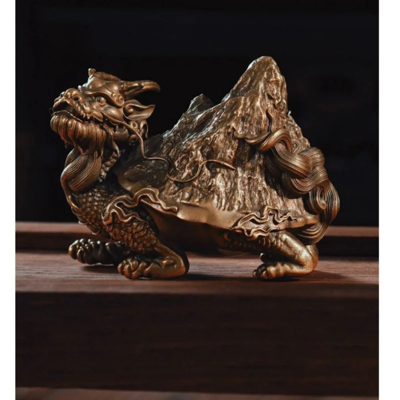 Solid Brass Dragon Turtle Statue Mountain Back Chinese Mythical Beast Feng Shui Desktop Figurine Tea Pet Home Office Decor gift