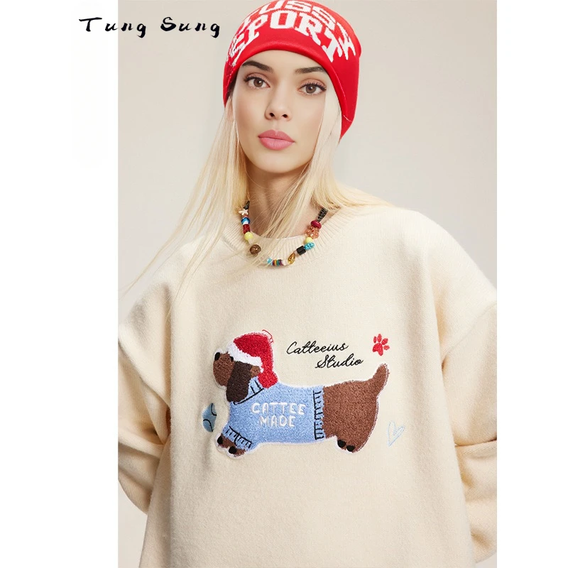 Tung Sung Fun Pet Puppy Embroidered Vintage Casual Crew Neck Embroidered Sweater Cartoon Dechshund Christmas Sweater