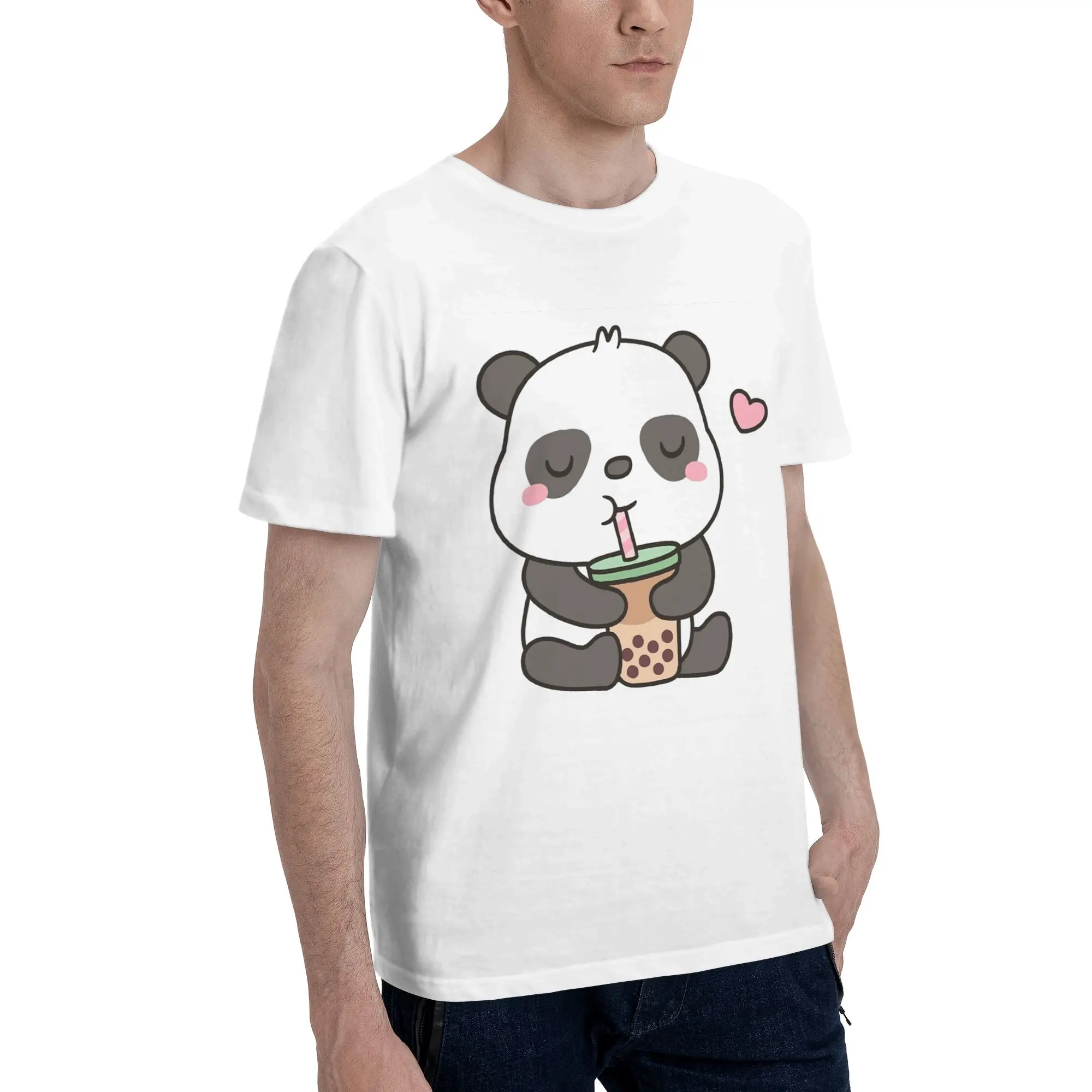 

Cute Little Panda Enjoying Boba T Men T-Shirt Oversized T Shirts Men's Round Neck Cotton Tees Short Summer Male