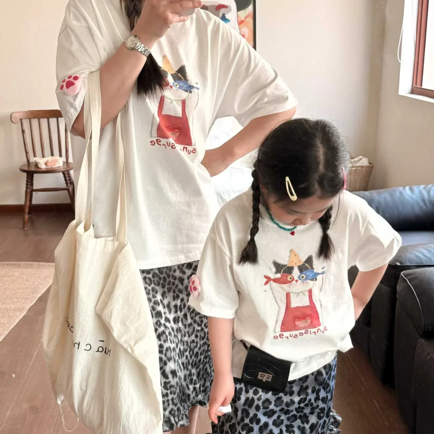 2026 Summer Mommy and Me Matching Art Print Tee Family Outfit Casual Short Sleeve Cotton Top for Mom Dad Daughter Son
