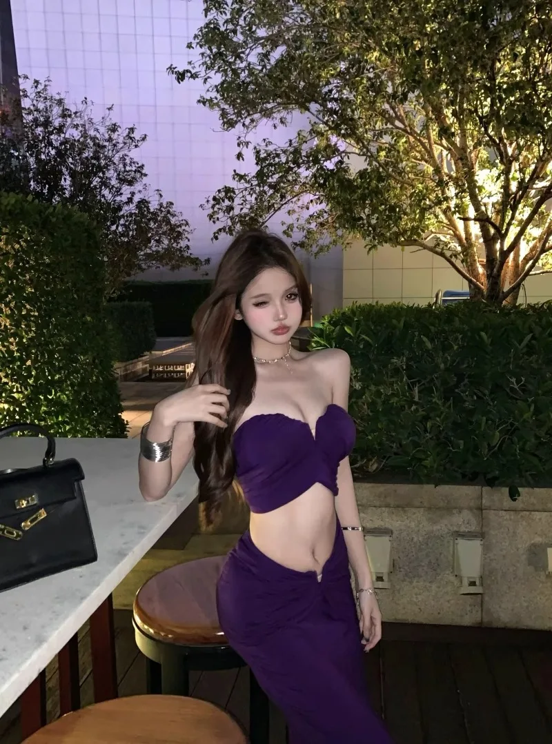 

Pure Sexy Suit Women's Summer Purple Short Strapless Vest Mermaid Hip Wrap Long Skirt Two-piece Set Fashion Female Clothes