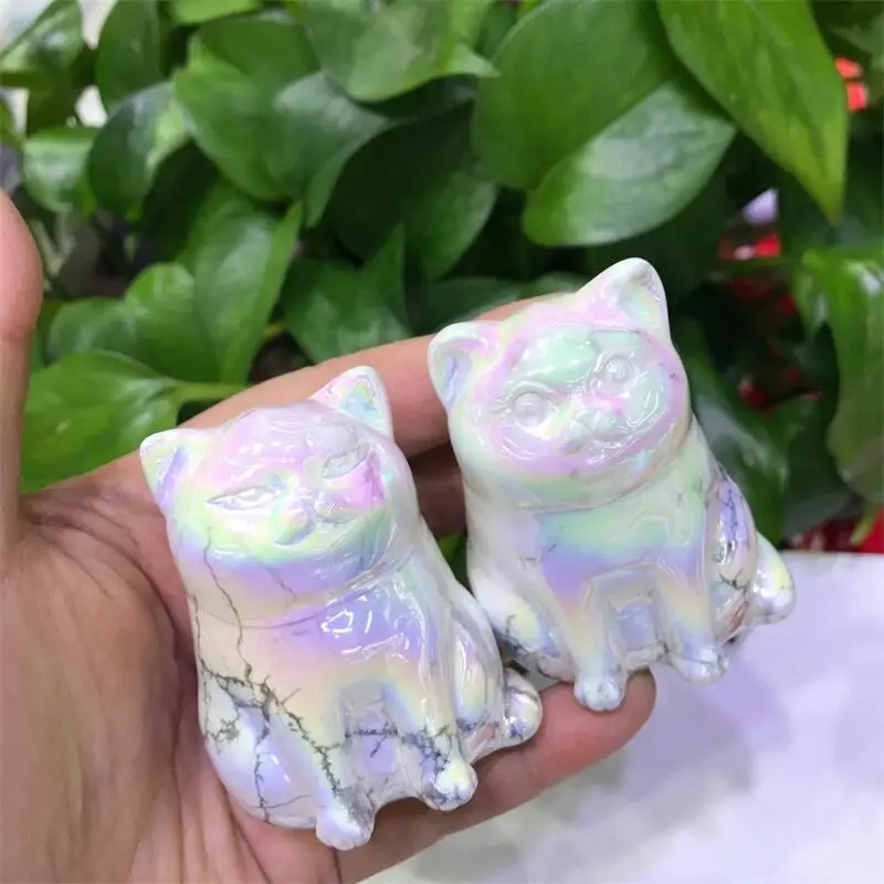 

2pcs Natural Stone Howlite Carved Cat Figurine Fengshui Crafts Home Decoration Healing Crystal Reiki Mini Ornaments